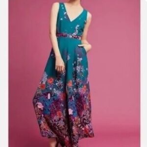 Anthropology/Maeve Teal Floral Jumpsuit Size S